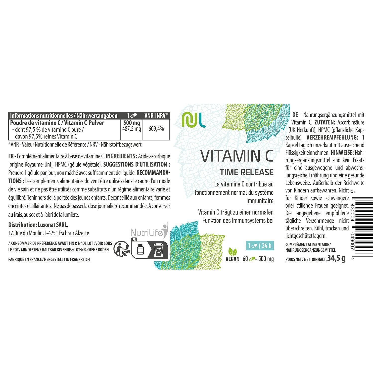 Vitamine C 500mg à action prolongée - NutriLife Shop